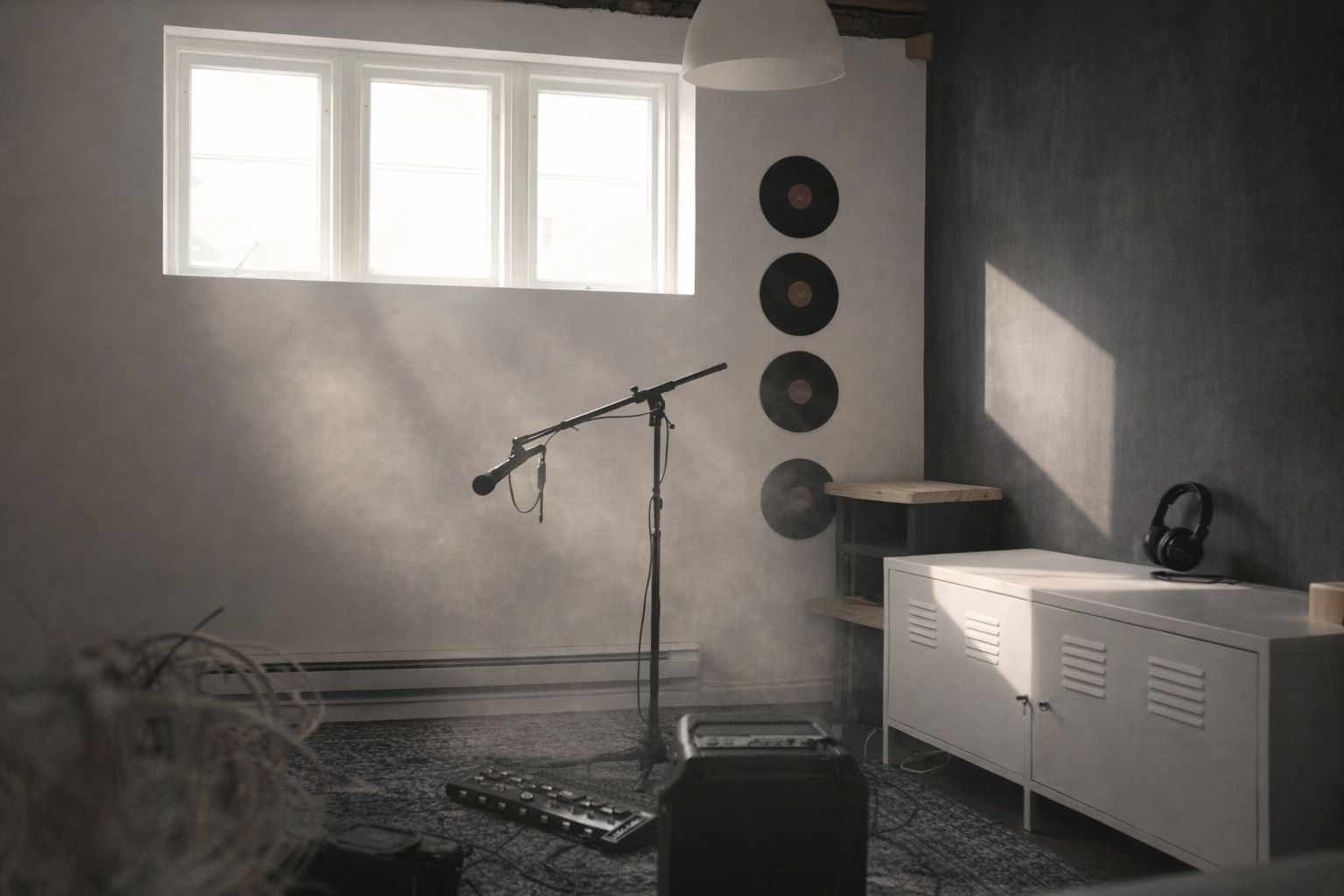 En lugn hemmastudio med mikrofon, vinylskivor och mjukt ljus.