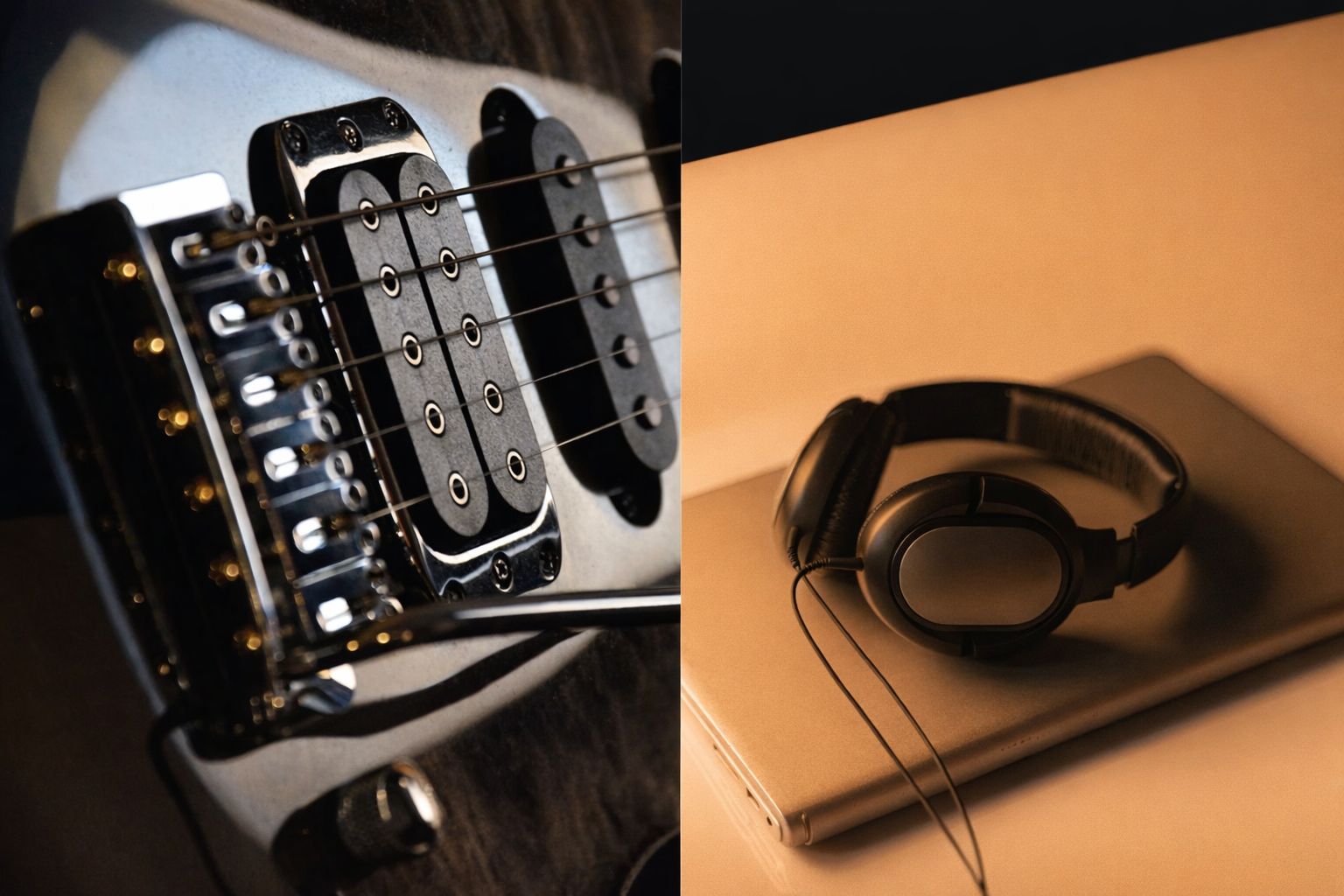 Närbild av gitarrsträngar och hörlurar på en laptop, symboliserar musikproduktion.
