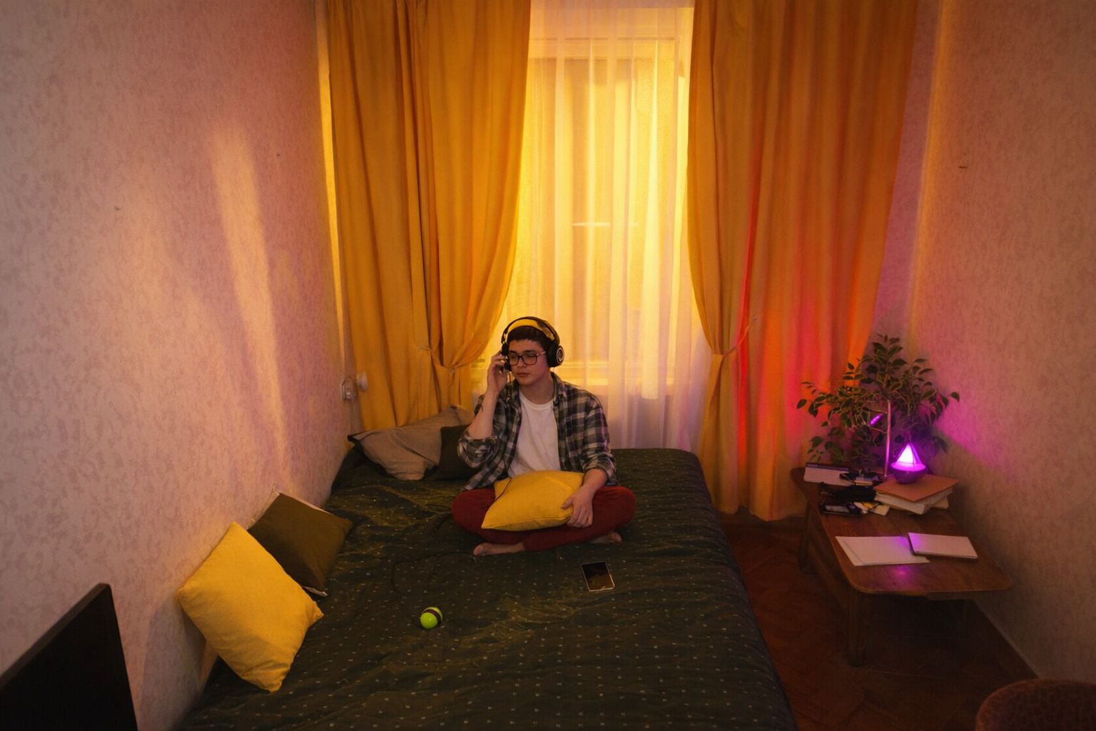 En ung person lyssnar på lugnande musik med hörlurar i ett hemtrevligt rum.